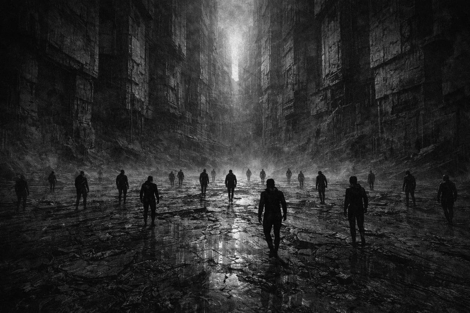 Scattered figures in a dark urban canyon with distant light