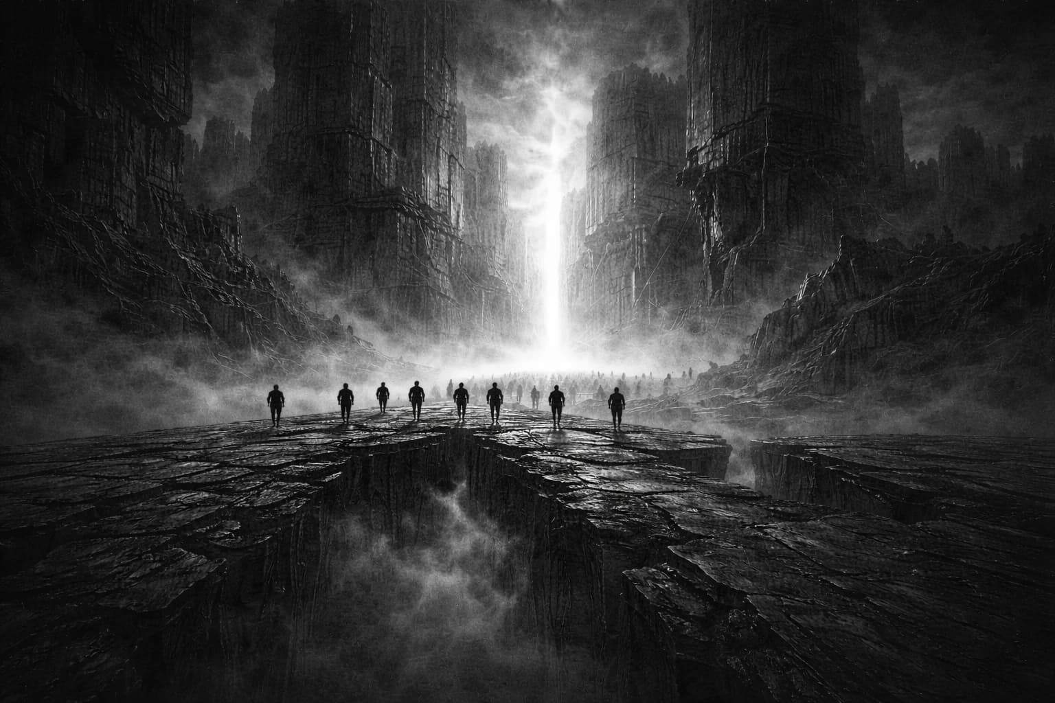 Figures walking toward light between eroded cliff walls