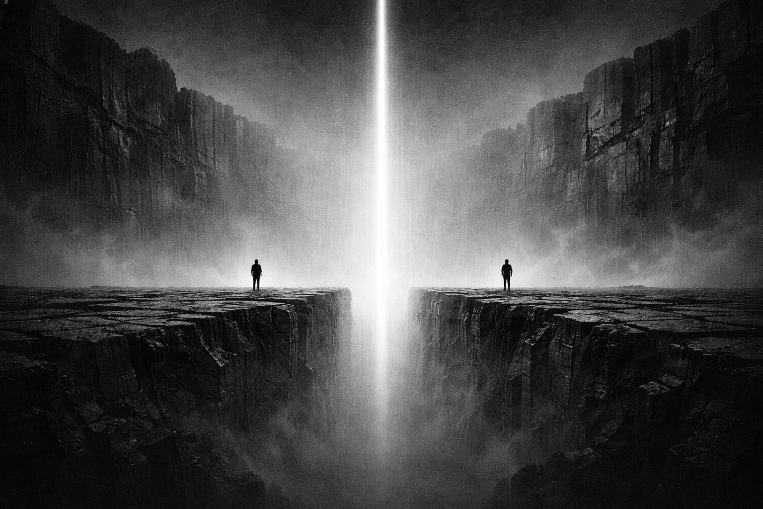 A figure standing at the edge of a vast abyss