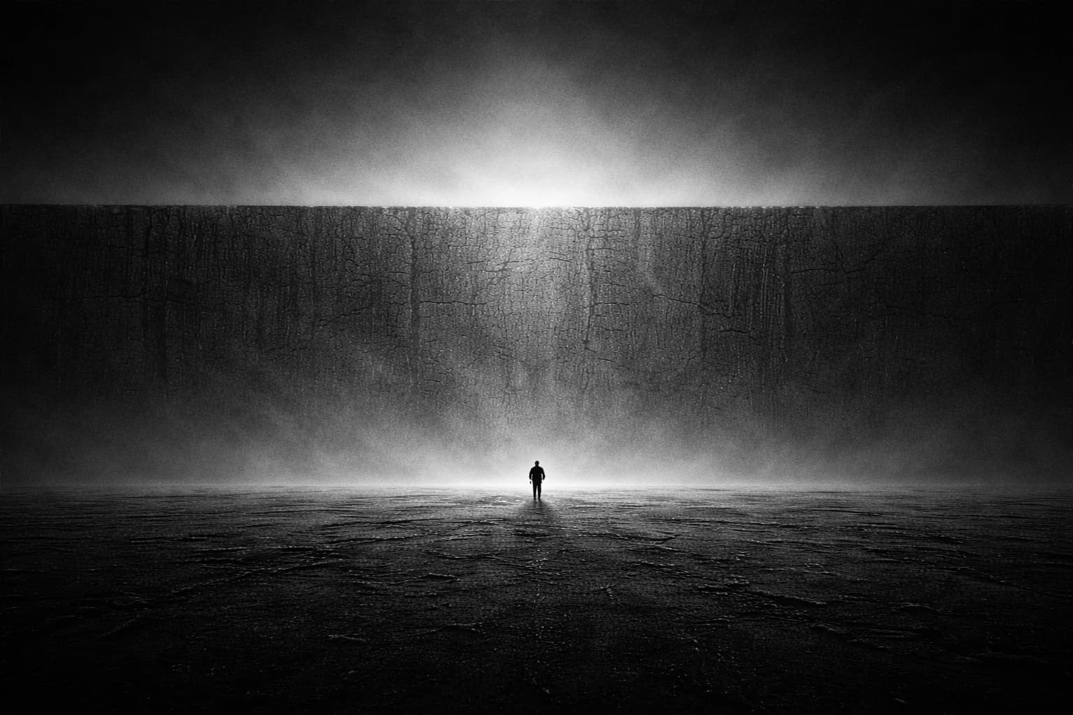 A figure facing an infinite wall stretching into fog