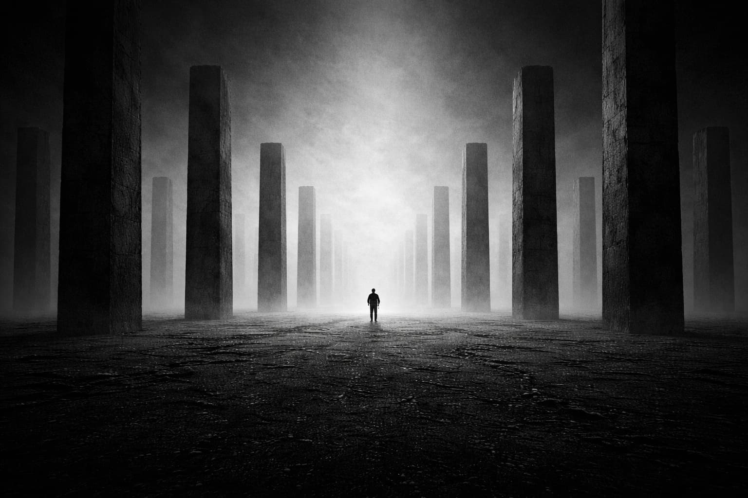 A figure lost in fog among towering pillars