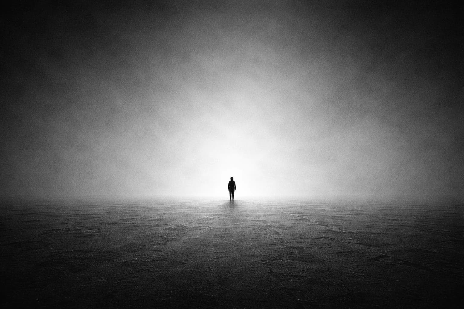 A solitary figure in a vast foggy landscape