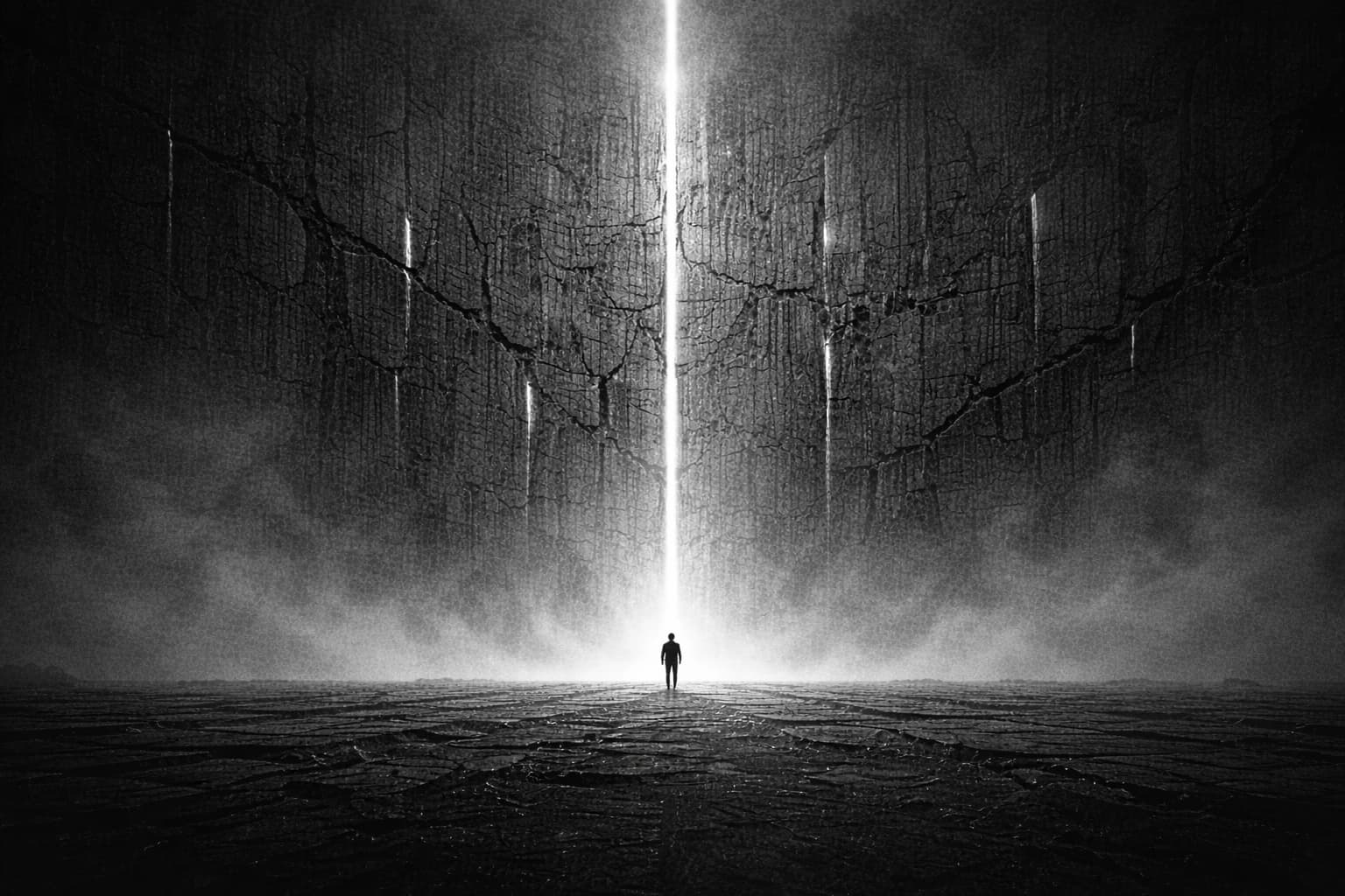 A figure standing before a massive wall disappearing into fog