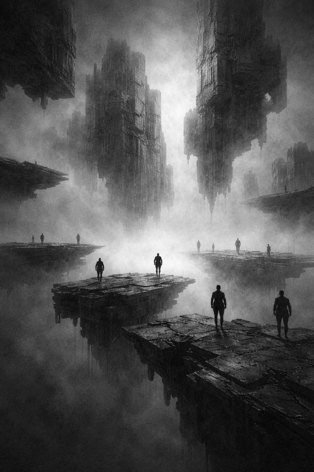 Figures on floating stone platforms amid towering vertical structures in fog