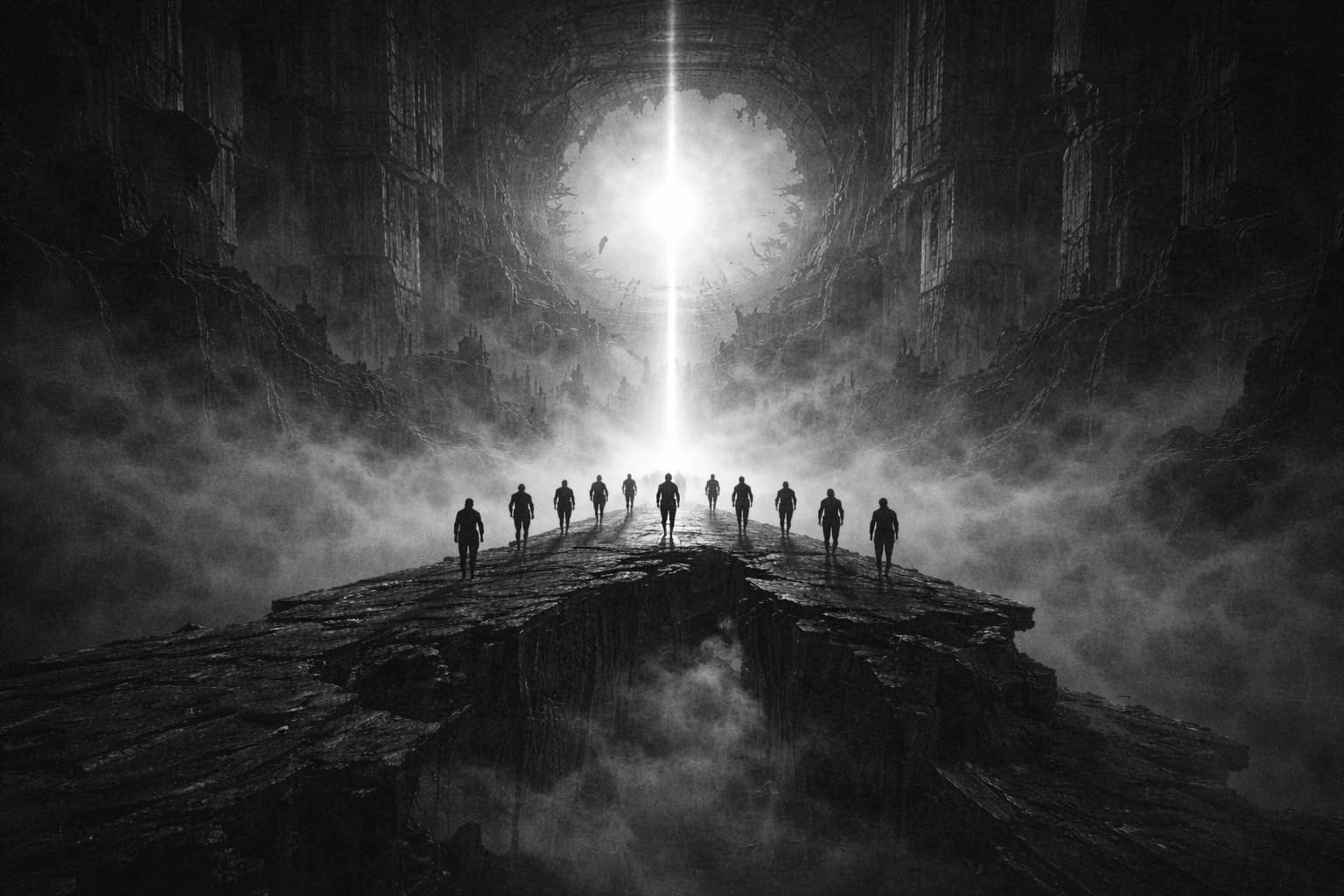 Figures standing on a cliff edge facing a circular light portal