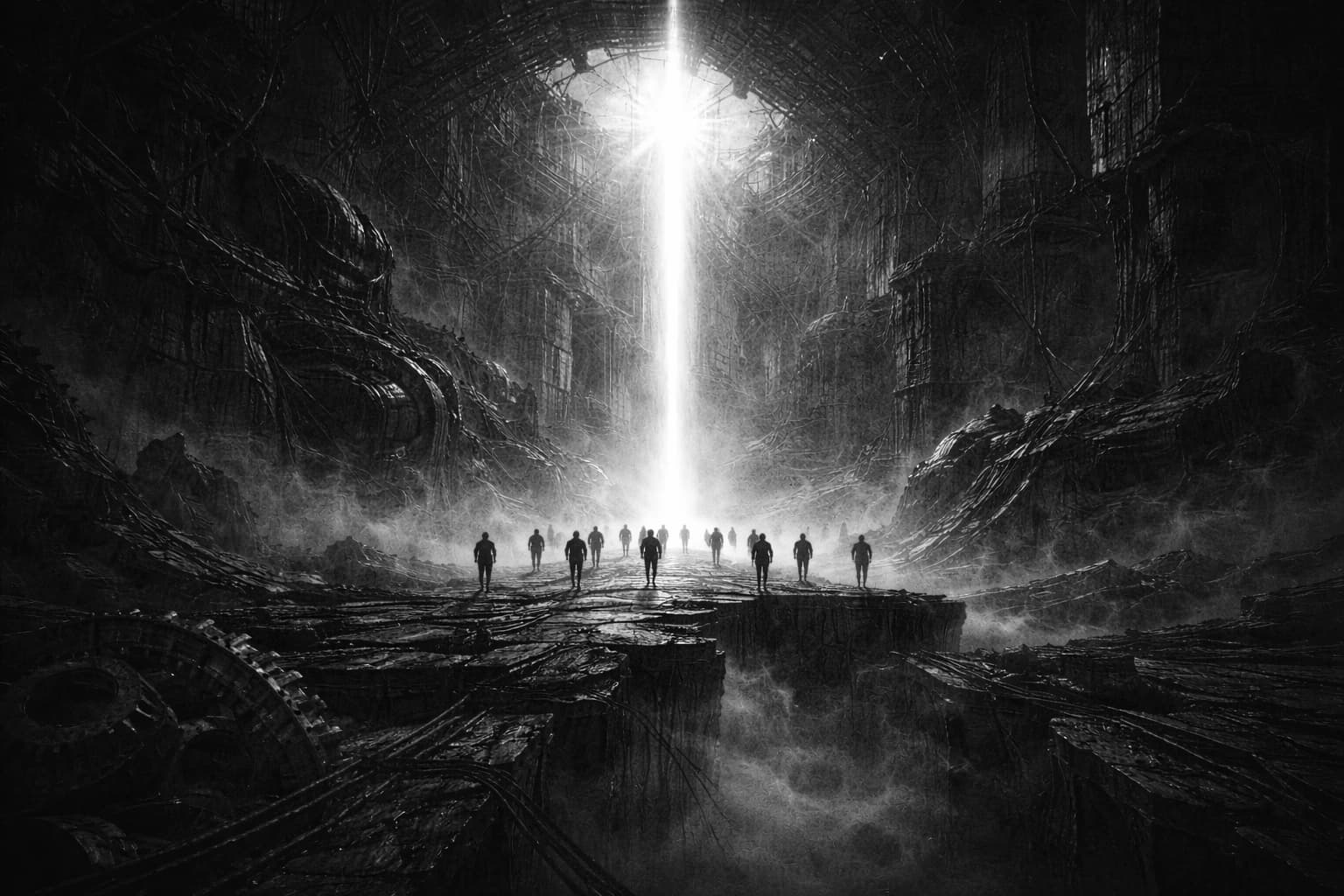Figures approaching a vertical beam of light in an underground cavern