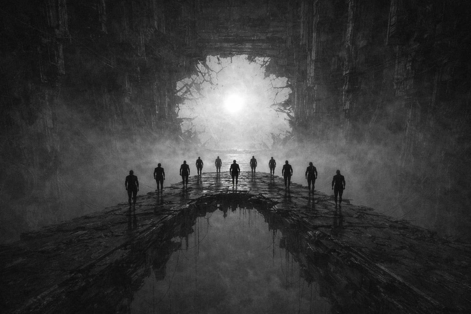 Figures crossing a bridge toward a circular opening filled with light